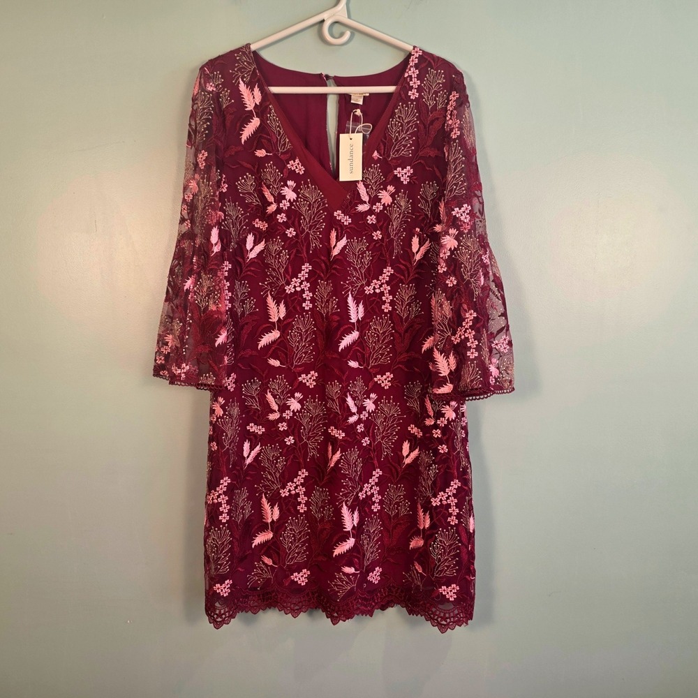 Sundance‎ Burgundy Floral Embroidered Mesh Bell Sleeve Shift Dress NWT Size M